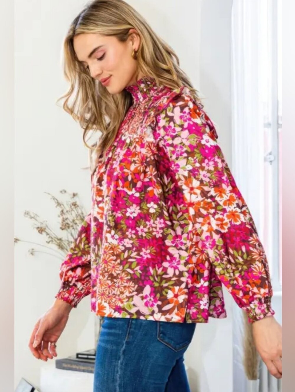 Floral Ruffle YOKE High-Neck Blouse - Pink Multi - Picture 5 of 6